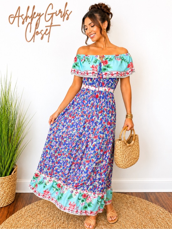 Dresses & Skirts - ENFACE NWT Blue Floral Off Shoulder Maxi Dress Size 8